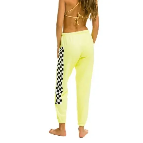 Aviator Nation Neon Yellow Checkered Stripe Sweatpants Jogger Retro Rare Small - Picture 4 of 16